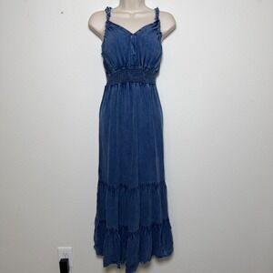 Lapogee Women Babydoll Maxi Denim Dress XL Tiered Boho Fairy Grunge Indie Sleaze